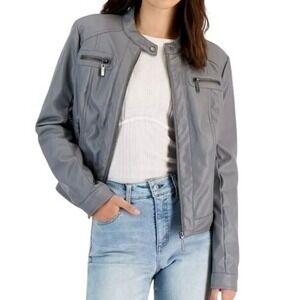JOUJOU Women Medium Silver Gray Faux leather Jacket Vegan Fur Lining Zip Pockets